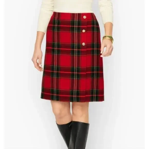 TALBOTS Wool Blend Red Plaid Skirt with Gold Hardware // 4 Petite - Picture 2 of 12